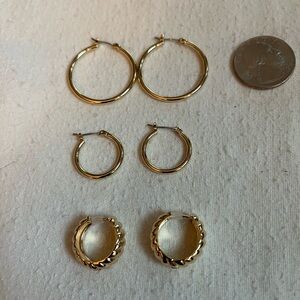 3 Pairs of Gold Tone Hoop Earrings